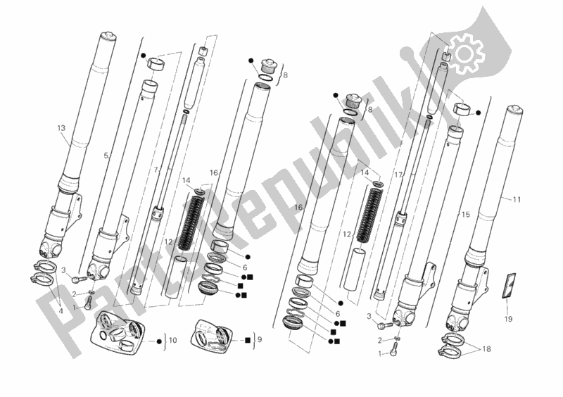 All parts for the Front Fork of the Ducati Monster S2R 800 Dark USA 2005